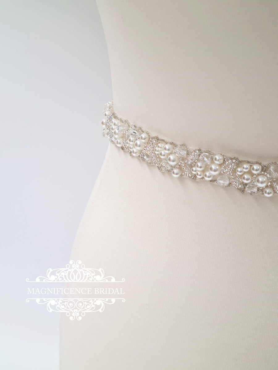 Pearl Bridal Belt, Thin Wedding Dress Sash 20 / Ivory Cream / Silver