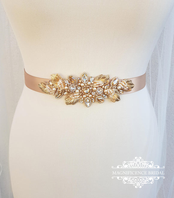 Gold bridal belt, gold leaf belt, bridal belt, champagne sash, bridal sash, wedding belt, champagne belt, gold leaf sash, leaf belt, DARLENE - magnificencebridal-com