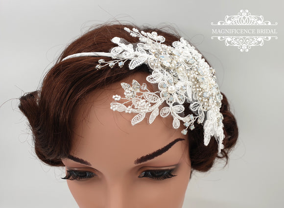magnificencebridal-com,White opal and lace headpiece STELLA,hair vine.
