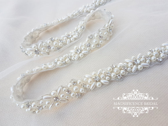 Bridal sash belt, Wedding dress sash, Rhinestone sash, Bridal applique,  Pearl sash, crystal belt, beaded embellishment, bridal belt MILA
