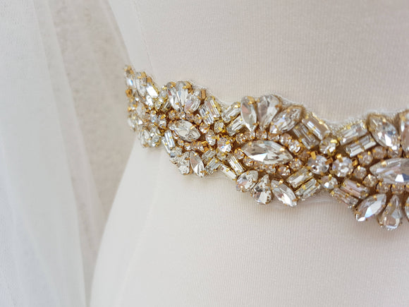 Gold bridal belt, gold bridal sash, rhinestone belt, bridal belt, wedding belt, bridal sash, crystal belt, wedding dress belt, MARILYN - magnificencebridal-com