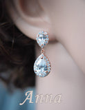 Bridal Crystal Drop Earrings, Pear Cubic Zirconia, CZ Studs Earrings, rose gold earrings, crystal pear shape, rose gold ANNA - magnificencebridal-com