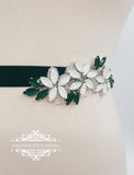 Bridal sash, white flower sash, bridesmaids sash, sash belt, emerald belt, matte stones belt, green bridal belt, thin bridal belt, KELLY - magnificencebridal-com