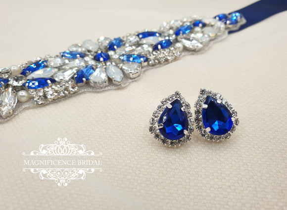 Blue earrings, bridal earrings, blue bridesmaids gift, blue stud earring, blue studs, royal blue, blue drop studs, something blue, SOFIA - magnificencebridal-com