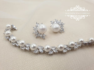 Pearl jewelry set, pearl earrings, wedding jewelry, bridal jewelry, wedding jewelry set, bridal jewelry set, pearl bracelet, pearl set DORA - magnificencebridal-com