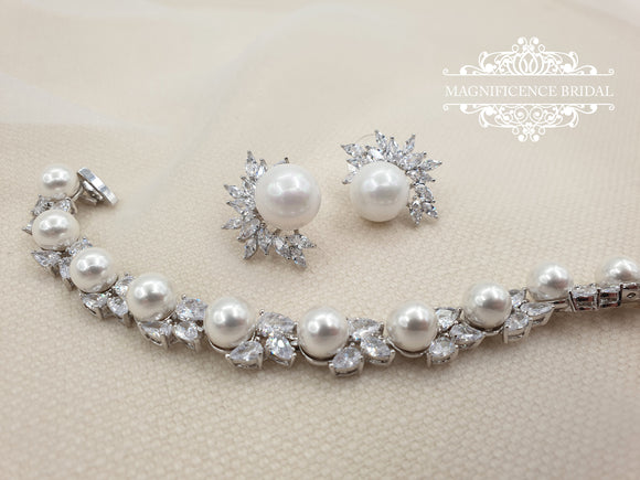 Pearl jewelry set, pearl earrings, wedding jewelry, bridal jewelry, wedding jewelry set, bridal jewelry set, pearl bracelet, pearl set DORA - magnificencebridal-com