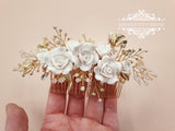 Gold headpiece, Gold bridal comb, Bridal headpiece, gold hair piece, white and gold, white roses comb, Wedding headpiece, bridal comb, LOLA - magnificencebridal-com