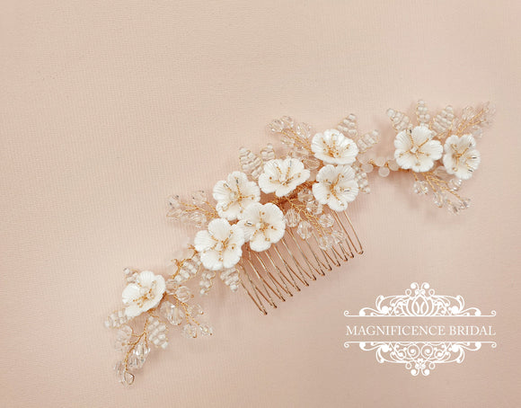 Gold and flower bridal comb LOLITA - magnificencebridal-com